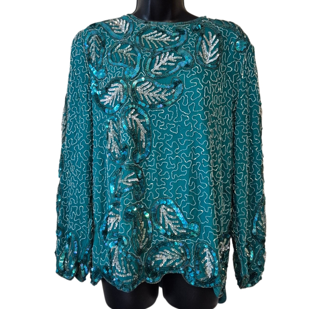Amazing Vintage Teal and Silver Beaded Sequin Embellished  Top  Medium